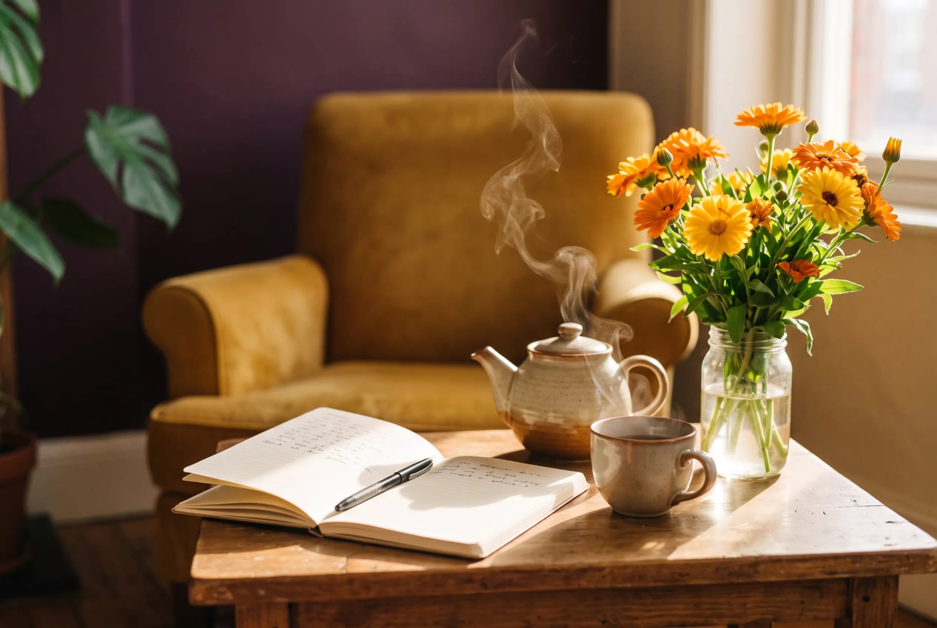 A pot of tea, an open notebook and a jar of marigolds on the side table of a Birmingham therapy room