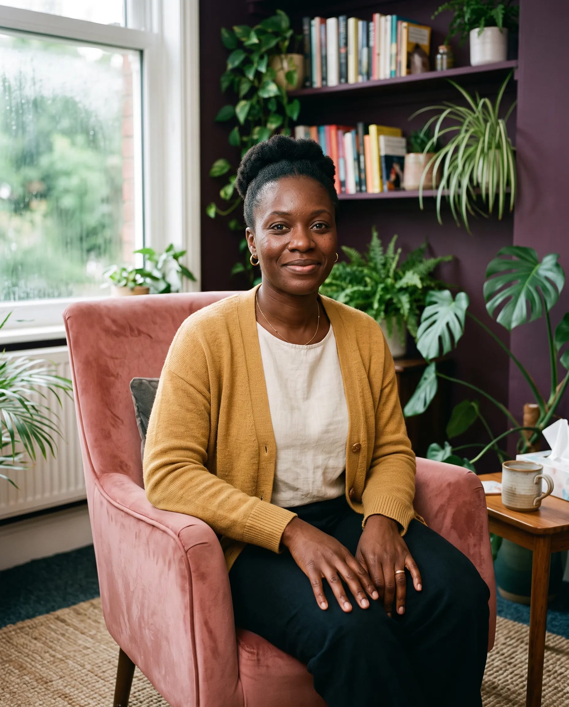 Afia Mensah, counsellor and psychotherapist, seated in her Birmingham therapy room, calm and direct