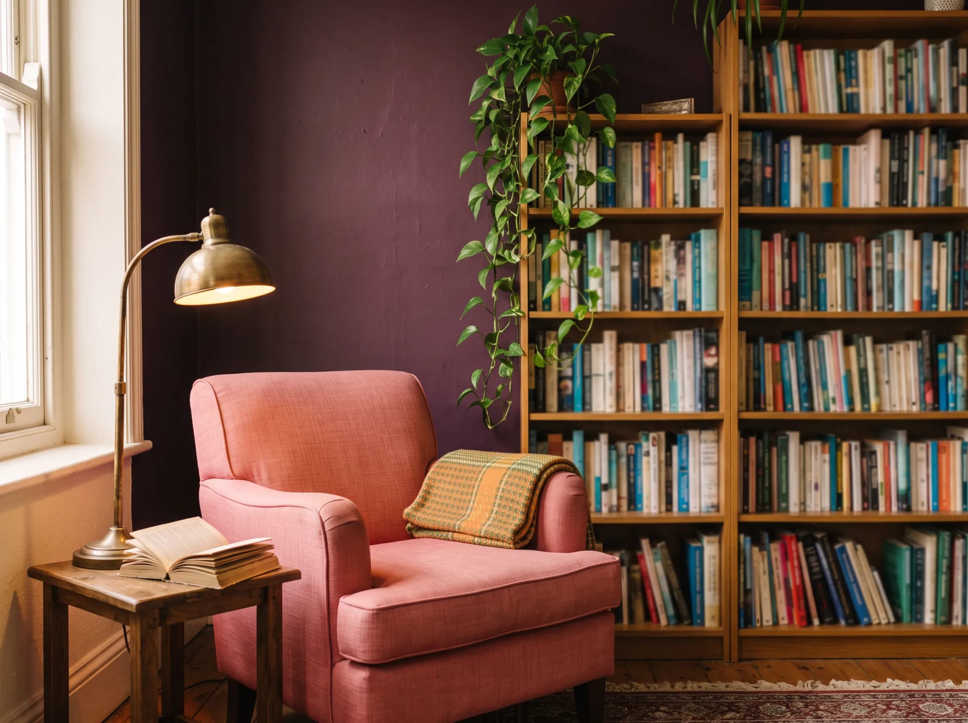 The reading corner of the Sunroom Therapy studio in Birmingham, an armchair beside a full bookshelf