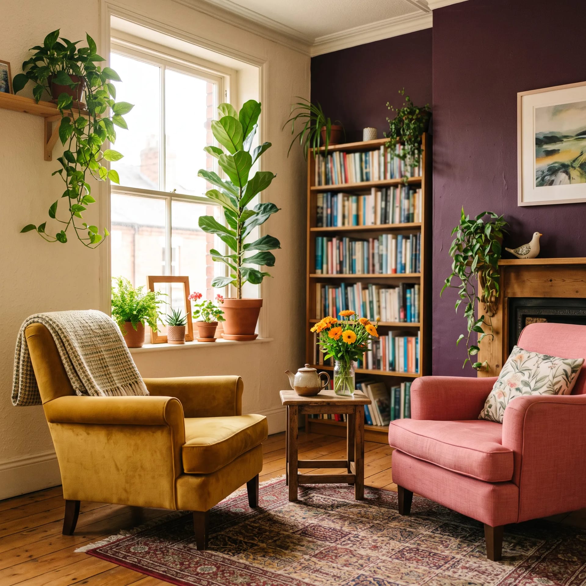 The Sunroom Therapy consulting room in Birmingham, two comfortable chairs among plants and colour