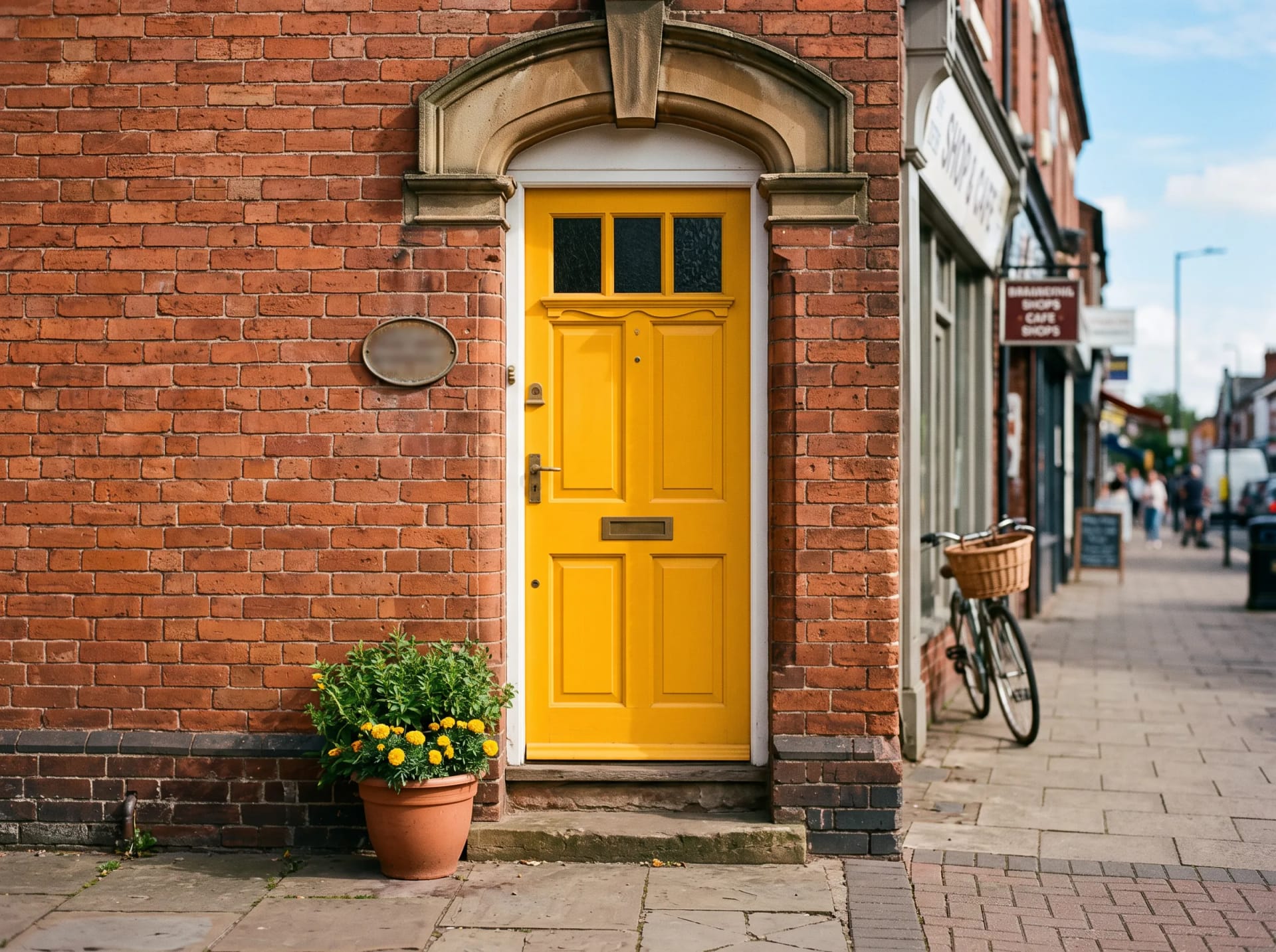 The yellow front door of the Sunroom Therapy studio on York Road, Kings Heath, Birmingham, with its small sign