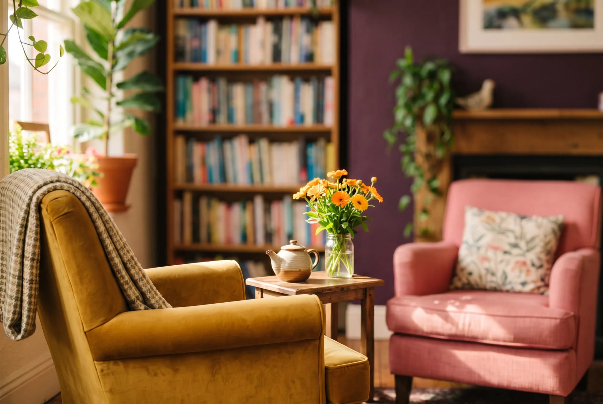 The warm, plant-filled Sunroom Therapy room in Birmingham ready for a session