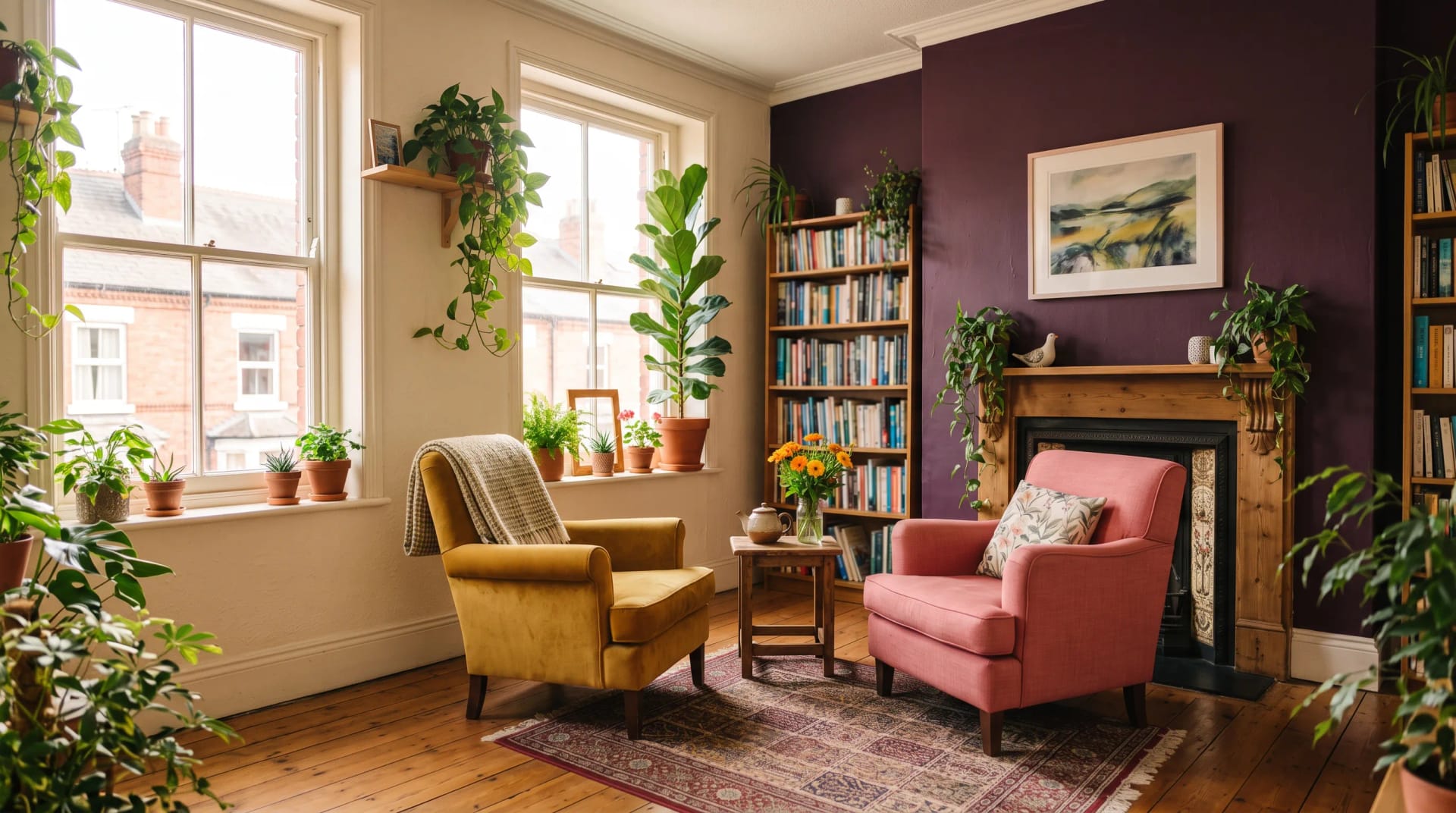 Two comfortable chairs facing each other among plants in the Sunroom Therapy room in Birmingham