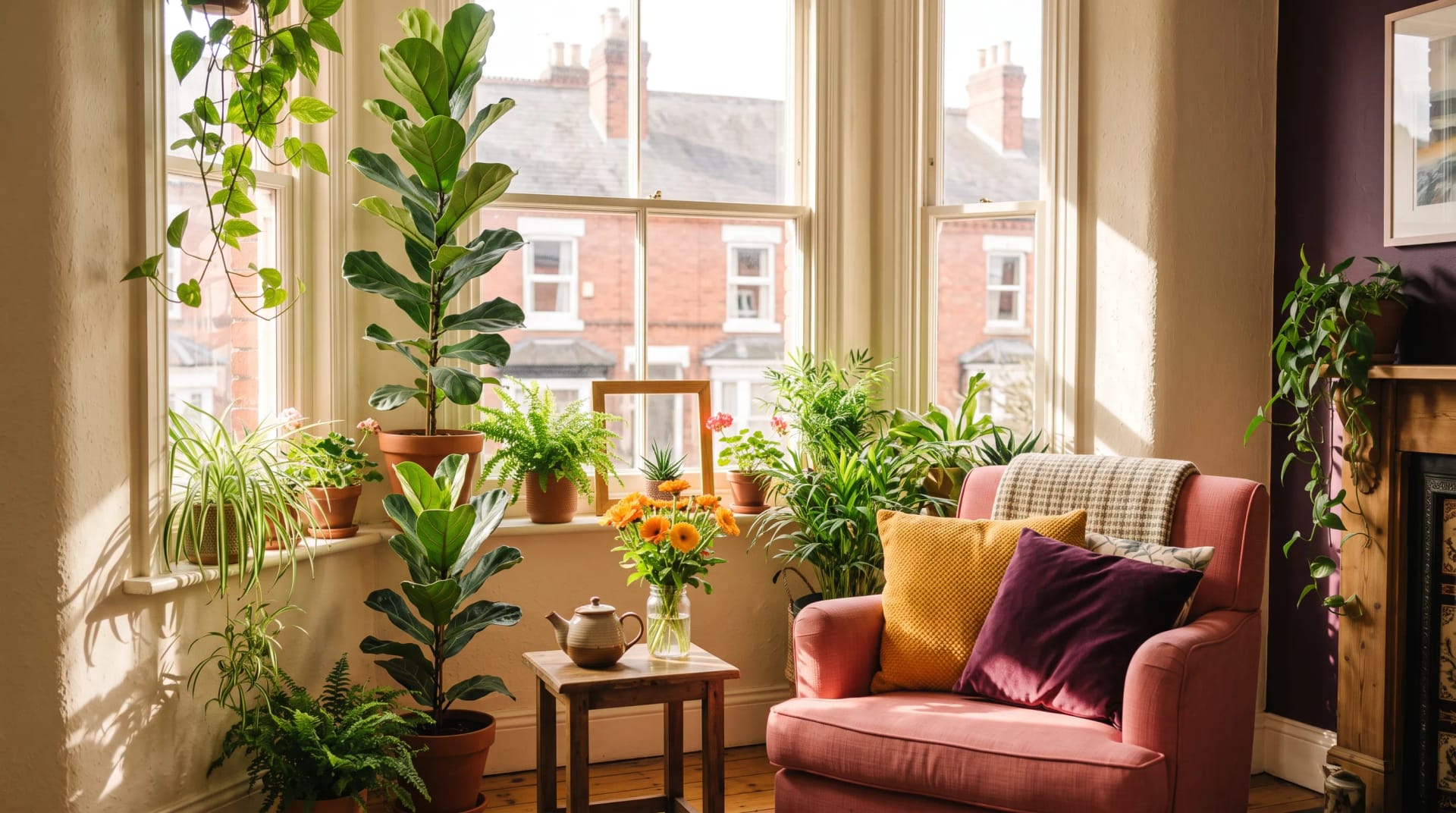 A bright corner of the Sunroom Therapy room in Birmingham with a comfortable chair and cushions